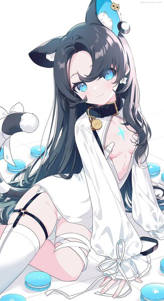 Anime picture 1200x2200 with original sirius stnw single long hair tall image looking at viewer breasts blue eyes light erotic black hair smile sitting animal ears tail animal tail cat ears arm support cat girl cat tail center opening