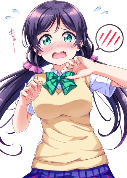 Anime picture 648x906 with love live! school idol project sunrise (studio) love live! toujou nozomi harunabe (refresh star) single long hair tall image blush open mouth simple background white background twintails green eyes purple hair upper body embarrassed low twintails flying sweatdrops wavy mouth