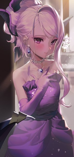 Anime picture 2985x6272 with blue archive hina (blue archive) hina (dress) (blue archive) dance arm single long hair tall image looking at viewer fringe highres smile standing purple eyes bare shoulders silver hair horn (horns) official alternate costume hand on chest girl dress
