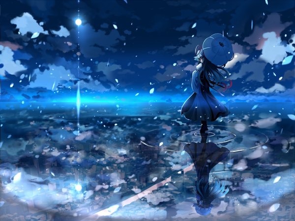 Anime picture 1000x750 with touhou yakumo yukari shino (eefy) long hair fringe sky cloud (clouds) traditional clothes reflection girl hat petals moon umbrella wave (waves)