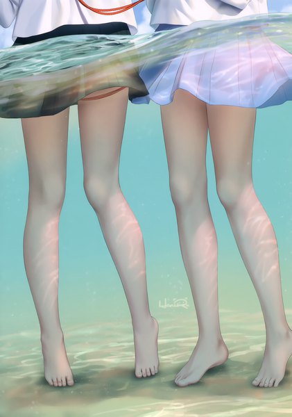 Anime picture 4604x6554 with original tokinohimitsu tall image highres light erotic standing multiple girls signed absurdres outdoors pleated skirt barefoot scan legs partially submerged head out of frame girl skirt 2 girls miniskirt