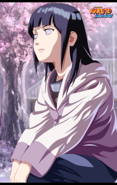 Anime picture 900x1424 with naruto studio pierrot naruto (series) hyuuga hinata akira-12 single long hair tall image black hair pink eyes inscription coloring cherry blossoms girl plant (plants) tree (trees) bandana