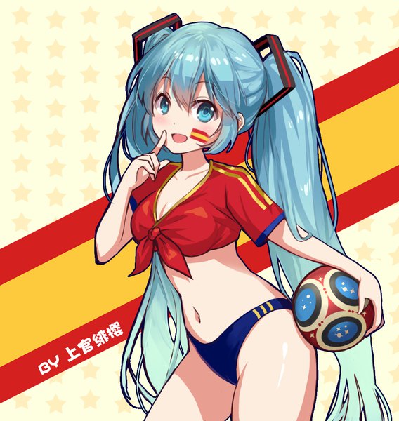 Anime-Bild 1104x1165 mit vocaloid world cup 2018 fifa world cup hatsune miku shangguan feiying single tall image looking at viewer blush fringe breasts open mouth light erotic hair between eyes standing twintails holding signed blue hair cleavage