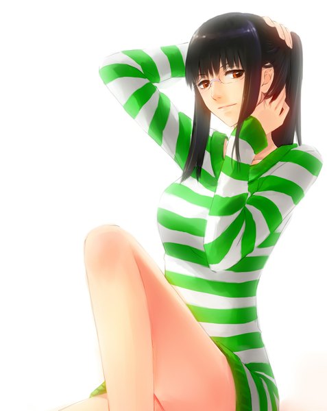 Anime picture 1512x1901 with one piece one piece: strong world toei animation nico robin totsukitouka single long hair tall image fringe black hair simple background white background sitting looking away ponytail orange eyes striped girl glasses