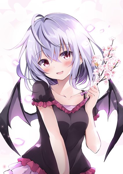 Anime picture 1601x2264 with touhou remilia scarlet hyurasan single tall image looking at viewer blush fringe short hair breasts open mouth simple background smile hair between eyes red eyes standing white background holding purple hair upper body