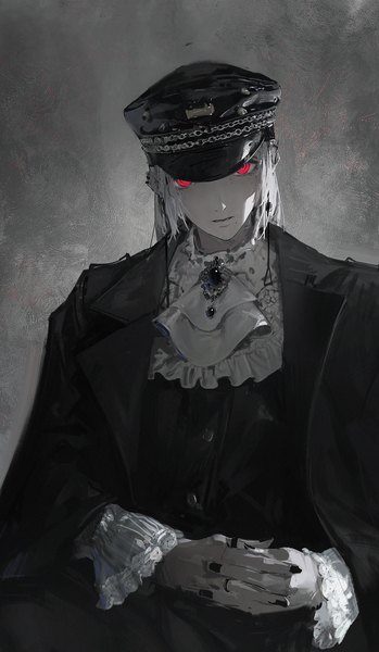 Anime picture 1200x2062 with chainsaw man mappa fami (chainsaw man) dino (dinoartforame) single tall image looking at viewer short hair red eyes monochrome interlocked fingers spot color girl earrings ring peaked cap ascot brooch