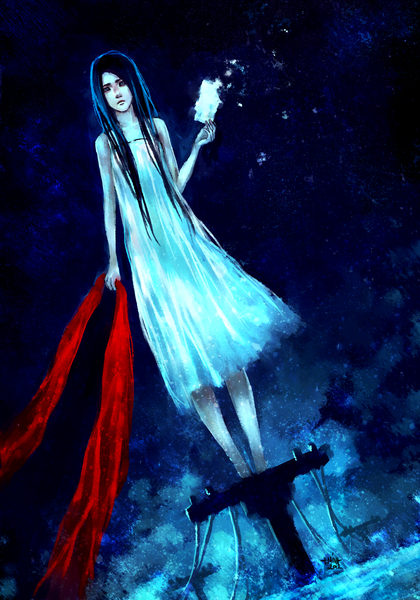 Anime picture 1408x2011 with original nanfe single long hair tall image looking at viewer standing bare shoulders holding blue hair barefoot night serious girl dress white dress
