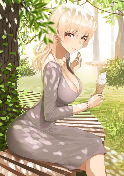 Anime picture 1000x1414 with original throtem single long hair tall image looking at viewer blush fringe breasts light erotic blonde hair hair between eyes large breasts sitting holding brown eyes cleavage outdoors light smile lips