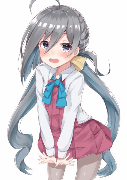 Anime picture 2894x4093 with kantai collection kiyoshimo destroyer coffeedog single long hair tall image looking at viewer blush fringe highres open mouth blue eyes simple background hair between eyes white background twintails ahoge long sleeves grey hair teeth