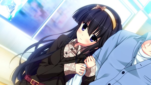Anime picture 1280x720 with love sweets futami iori long hair blush blue eyes black hair wide image game cg couple locked arms girl dress boy hairband