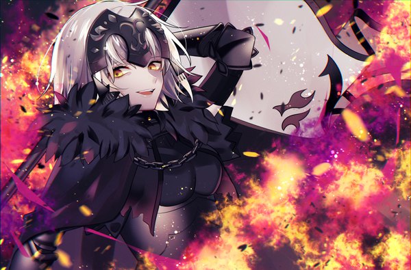 Anime picture 900x593 with fate (series) fate/grand order jeanne d'arc (fate) (all) jeanne d'arc alter (fate) umeno shii single short hair open mouth smile yellow eyes silver hair upper body girl armor fire banner