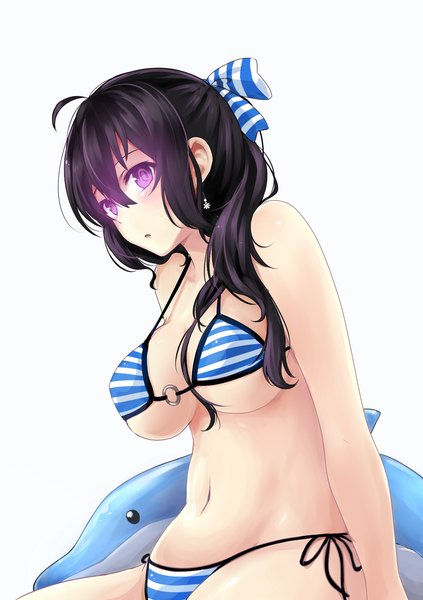 Anime picture 1200x1700 with original miyaura sanshio beifeng han single long hair tall image blush breasts light erotic black hair large breasts white background purple eyes looking away girl navel swimsuit bikini