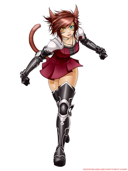 Anime picture 3000x4000 with ronin dude (ray cornwell) single tall image looking at viewer highres short hair simple background brown hair white background animal ears tail animal tail cat ears cat girl cat tail heterochromia girl dress armor spaulder (spaulders)