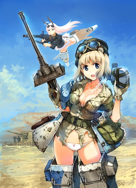 Anime picture 1200x1650 with strike witches hanna-justina marseille major miles nogami takeshi long hair tall image short hair blue eyes light erotic blonde hair multiple girls cleavage white hair torn clothes flying girl underwear panties weapon 2 girls