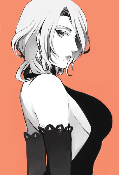 Anime picture 544x800 with bleach studio pierrot matsumoto rangiku yukin (es) single tall image looking at viewer fringe short hair breasts light erotic simple background large breasts profile hair over one eye mole monochrome alternate hairstyle mole under mouth alternate hair length