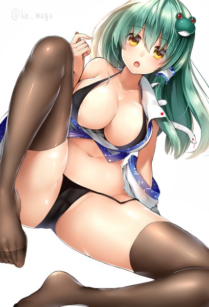 Anime-Bild 1000x1465 mit touhou kochiya sanae tsukiriran single long hair tall image looking at viewer blush breasts open mouth light erotic simple background large breasts white background sitting signed nipples bent knee (knees) green hair open clothes