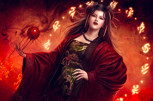 Anime picture 1800x1196 with legend of the five rings iuchi shahai mario wibisono (raynkazuya) single long hair highres black hair red eyes braid (braids) traditional clothes japanese clothes fingernails lips realistic hair bun (hair buns) hand on hip lipstick magic long fingernails girl