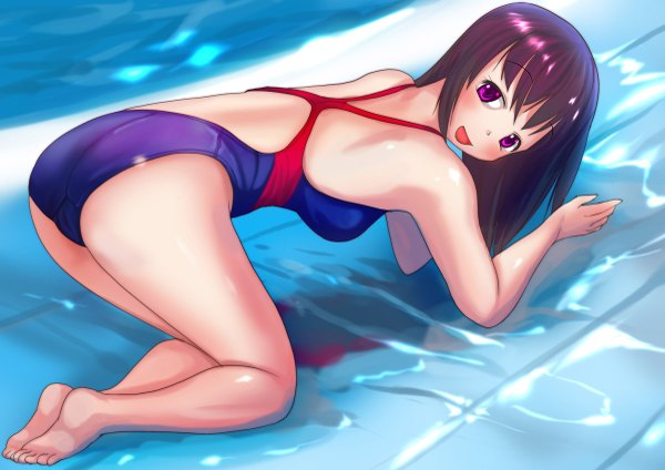 Anime picture 1200x849 with original bun (artist) single long hair looking at viewer open mouth light erotic smile purple eyes bare shoulders purple hair ass back on all fours girl swimsuit water one-piece swimsuit competition swimsuit
