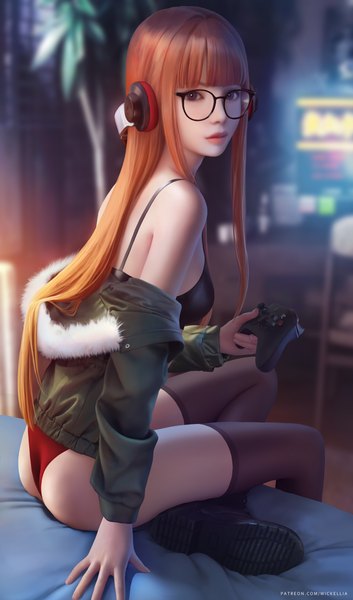 Anime picture 4216x7167 with persona 5 persona sakura futaba wickellia single long hair tall image looking at viewer fringe highres light erotic sitting purple eyes holding signed absurdres indoors blunt bangs blurry orange hair