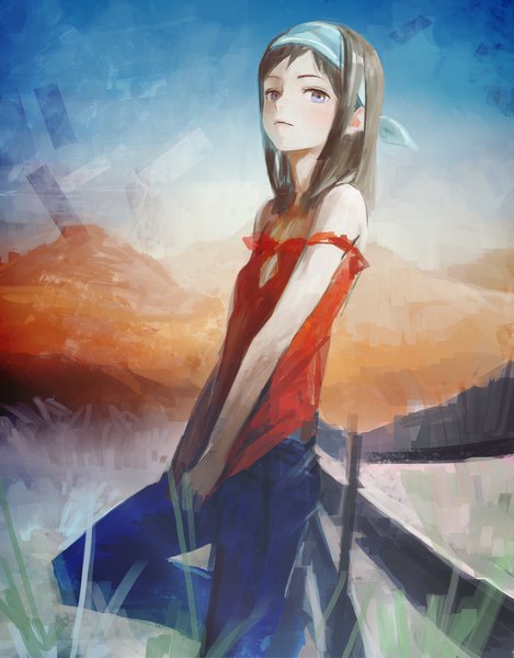 Anime picture 1502x1920 with original arata yokoyama single long hair tall image looking at viewer fringe breasts blue eyes brown hair standing sky bent knee (knees) outdoors blurry sleeveless flat chest standing on one leg looking up strap slip