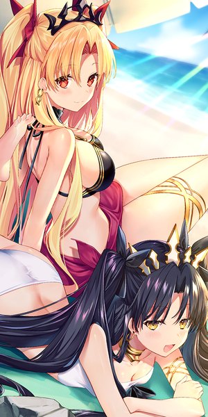 Anime picture 600x1200 with fate (series) fate/grand order ishtar (fate) ereshkigal (fate) ishtar (swimsuit rider) (fate) yuya (night lily) long hair tall image looking at viewer blush fringe breasts open mouth light erotic black hair blonde hair smile hair between eyes red eyes multiple girls