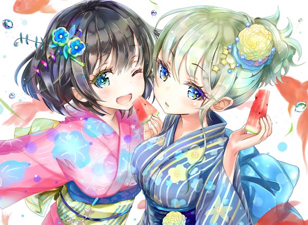 Anime picture 1091x799 with original keepout looking at viewer blush short hair open mouth blue eyes black hair smile multiple girls traditional clothes japanese clothes one eye closed hair flower green hair from above wink :o floral print ;d