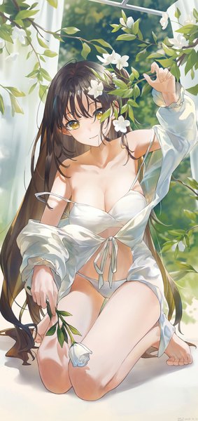 Anime picture 3000x6350 with original swkl:d single long hair tall image looking at viewer fringe highres breasts light erotic brown hair large breasts holding yellow eyes cleavage full body outdoors head tilt barefoot arm up