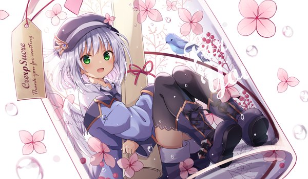 Anime picture 2057x1200 with original oshirase-chan (kure~pu) kure~pu single looking at viewer blush highres short hair open mouth smile wide image sitting green eyes silver hair :d cherry blossoms in bottle girl thighhighs black thighhighs