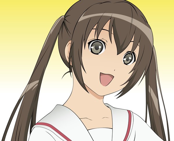 Anime picture 2000x1620 with minami-ke minami kana single looking at viewer highres open mouth brown hair twintails brown eyes payot :d gradient background vector girl