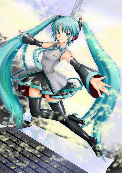 Anime picture 1200x1700 with vocaloid hatsune miku tall image twintails green eyes green hair spread arms flying minigirl girl detached sleeves necktie headphones computer keyboard