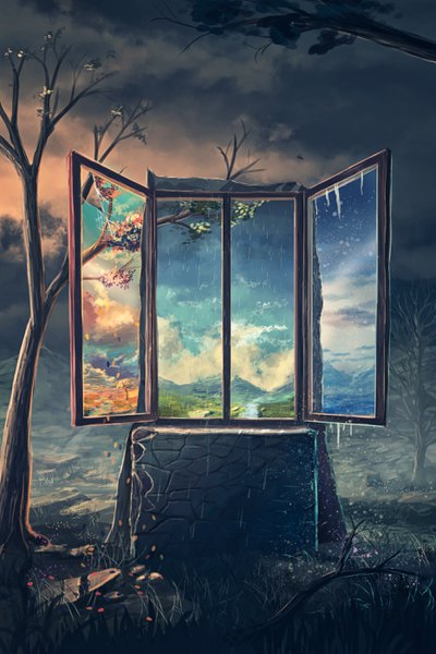 Anime picture 1867x2800 with original sylar113 tall image highres sky cloud (clouds) outdoors winter rain snow no people summer bare tree autumn spring 4 seasons plant (plants) tree (trees) window grass