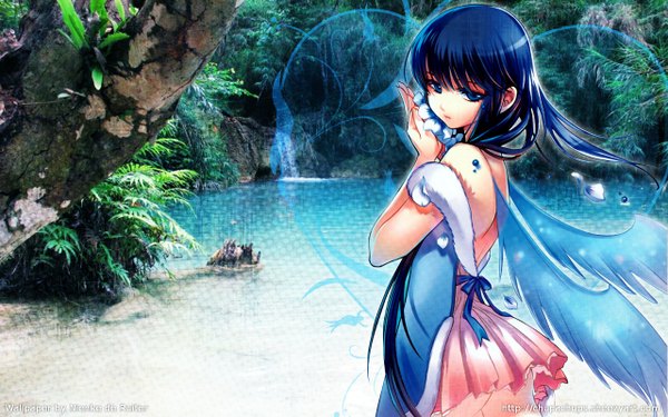 Anime picture 1280x800 with dmyotic turquoise shirahane nao single long hair fringe blue eyes light erotic wide image bare shoulders blue hair looking away wind wallpaper girl plant (plants) wings tree (trees) water