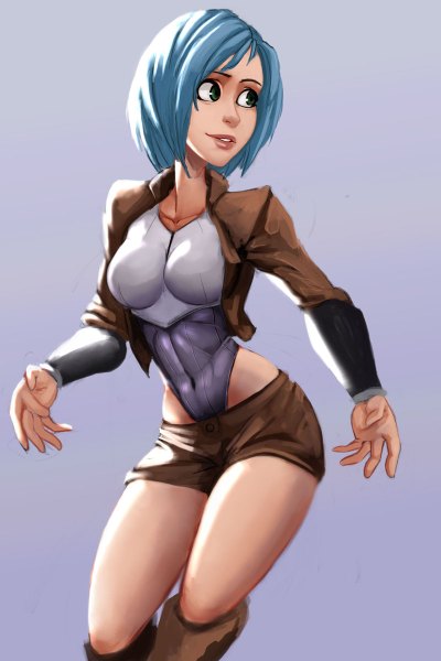 Anime picture 800x1200 with carlos eduardo single tall image short hair breasts simple background green eyes blue hair looking away lips legs girl navel shorts short shorts