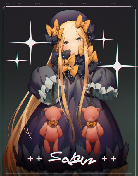 Anime picture 2480x3153 with fate (series) fate/grand order abigail williams (fate) waterkuma single tall image looking at viewer highres black hair blonde hair simple background long sleeves very long hair head tilt grey eyes border black background anaglyph girl bow