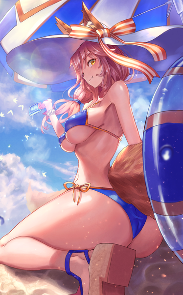 Anime picture 1970x3161 with fate (series) fate/grand order tamamo (fate) (all) tamamo no mae (swimsuit lancer) (fate) hayataku1234 single long hair tall image looking at viewer blush fringe highres breasts light erotic hair between eyes large breasts holding animal ears yellow eyes pink hair