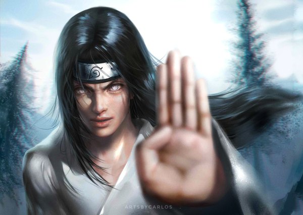 Anime picture 1285x913 with naruto studio pierrot naruto (series) hyuuga neji carlos miguel single long hair looking at viewer black hair sky upper body outdoors parted lips wind blurry realistic depth of field fighting stance frown white eyes