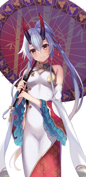 Anime picture 700x1435 with fate (series) fate/grand order tomoe gozen (fate) harimoji single long hair tall image looking at viewer blush fringe breasts simple background smile hair between eyes red eyes standing white background holding payot silver hair