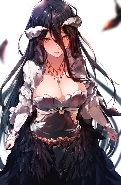 Anime picture 876x1336 with overlord (maruyama) madhouse albedo (overlord) hplay (kyoshinou) single long hair tall image blush fringe breasts light erotic black hair hair between eyes large breasts yellow eyes cleavage horn (horns) slit pupils girl necklace