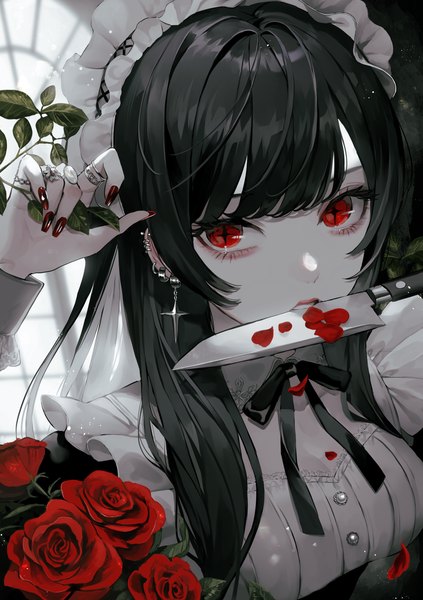 Anime picture 1500x2128 with original yumeno yume single long hair tall image looking at viewer fringe black hair red eyes holding upper body indoors long sleeves nail polish arm up fingernails blurry maid puffy sleeves piercing