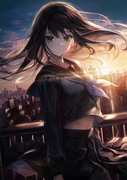 Anime picture 900x1273 with original minncn single long hair tall image looking at viewer fringe black hair standing green eyes sky cloud (clouds) long sleeves wind mole midriff mole under eye city evening sunset