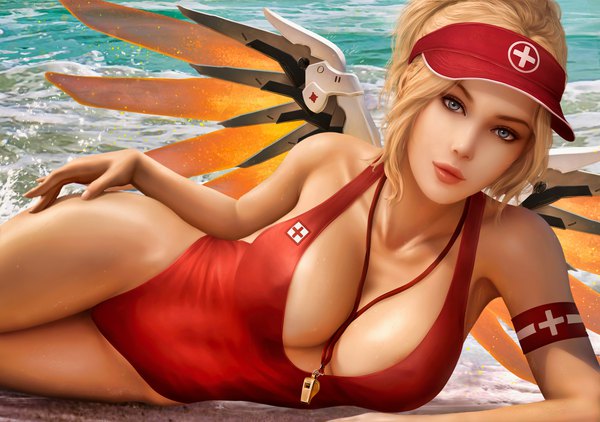 Anime-Bild 3501x2461 mit overwatch blizzard entertainment mercy (overwatch) yupachu single looking at viewer fringe highres short hair breasts blue eyes light erotic blonde hair large breasts signed absurdres cleavage outdoors lying lips