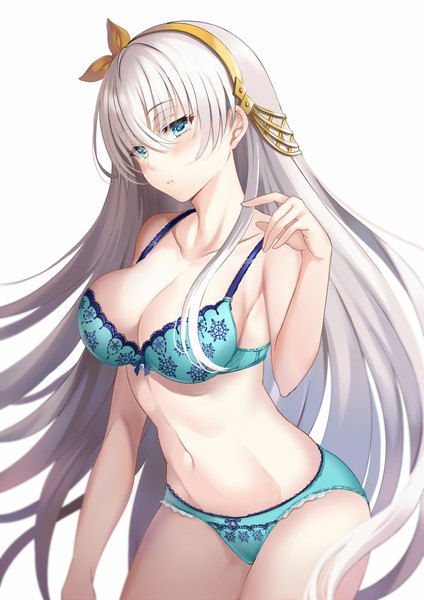 Anime picture 800x1131 with fate (series) fate/grand order anastasia (fate) harimoji single long hair tall image looking at viewer blush fringe breasts blue eyes light erotic simple background hair between eyes large breasts standing white background bare shoulders cleavage