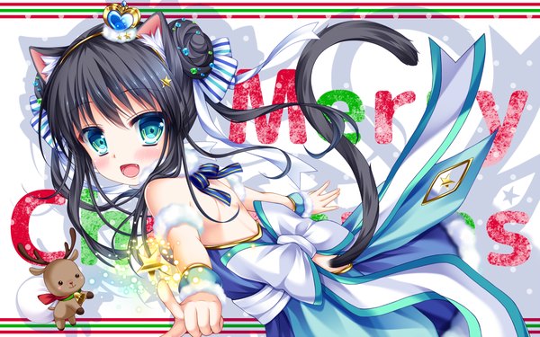 Anime picture 1200x750 with original shitou single long hair looking at viewer blush open mouth blue eyes black hair animal ears tail animal tail cat ears cat girl cat tail christmas merry christmas girl dress