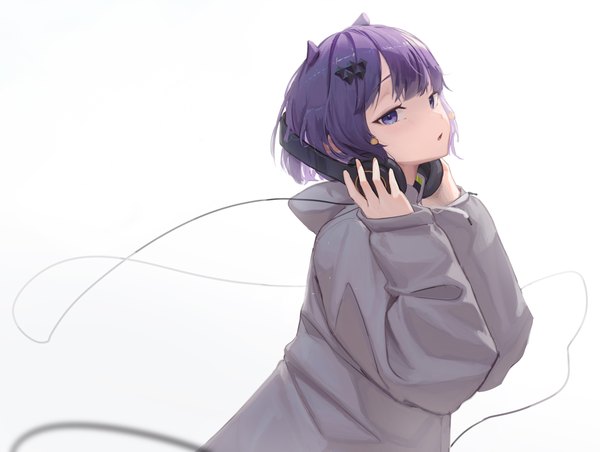 Anime picture 6000x4523 with virtual youtuber hololive hololive english ninomae ina'nis ninomae ina'nis (5th costume) aton (user kufr5245) single looking at viewer blush fringe highres short hair open mouth simple background standing white background purple eyes absurdres purple hair blunt bangs