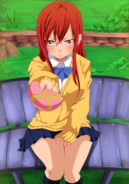 Anime picture 2800x4000 with fairy tail erza scarlet tongasart single long hair tall image blush highres brown eyes red hair pleated skirt coloring valentine girl skirt uniform school uniform socks heart bowtie