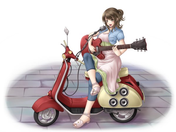 Anime picture 1200x900 with original mochi.f single brown hair brown eyes girl microphone musical instrument guitar sandals motorcycle