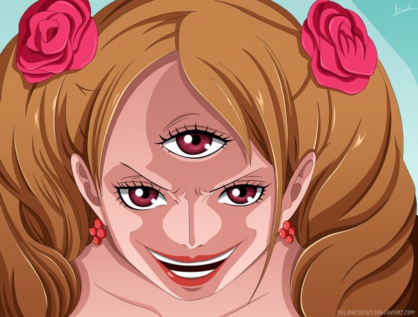 Anime picture 2000x1519 with one piece toei animation charlotte pudding melonciutus single long hair looking at viewer fringe highres open mouth simple background smile red eyes brown hair twintails signed hair flower lips teeth lipstick