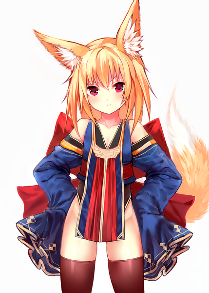 Anime picture 1429x2000 with original suke single long hair tall image looking at viewer blush fringe light erotic blonde hair simple background hair between eyes red eyes standing white background bare shoulders animal ears tail traditional clothes japanese clothes