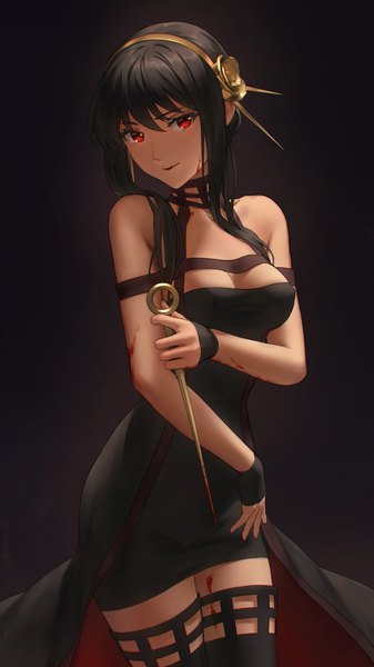 Anime picture 1180x2098 with spy x family yor briar miura-n315 single long hair tall image looking at viewer blush fringe breasts black hair simple background hair between eyes red eyes large breasts standing holding turning head black background blood on face