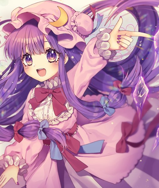 Anime picture 1000x1182 with touhou patchouli knowledge kyouda suzuka single long hair tall image blush fringe open mouth purple eyes purple hair nail polish :d outstretched arm tress ribbon purple nail polish girl ribbon (ribbons) hair ribbon hat